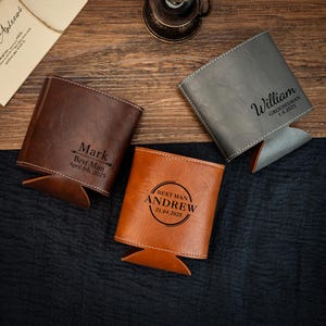 Groomsman Gift Wedding Best Man Gift,Customized Leather Can Holder,Engraved Leather Beer Can Cooler,Gift for Dad,Wedding Party Gift for Men