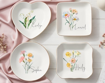 Personalized Birth Flower Trinket Dish, Custom Watercolor Flower Ring Dish, Wedding Bridesmaid Gift, Birthday Jewelry Dish, Christmas Gifts