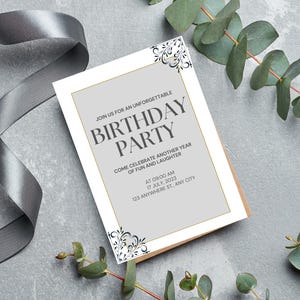 Elegante biglietto d'invito per compleanno grigio cenere - Design personalizzabile e senza tempo