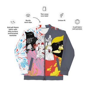 May include: A grey, white, pink, red and yellow bomber jacket with a colourful abstract design and a group of people in black and white line art on the front. The jacket has two welt pockets and a sturdy neck tape.