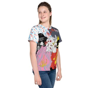 May include: A youth-sized t-shirt with a colourful, abstract design featuring a group of people in a scene with red, blue, yellow, and black accents.