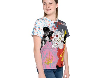May include: A youth-sized t-shirt with a colourful, abstract design featuring a group of people in a scene with red, blue, yellow, and black accents.