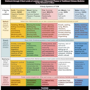 Könnte beinhalten: Eine Tabelle mit dem Titel "Griefwork through 5 Soul Levels of Judaism and 5 Elemental Phases in Traditional Chinese Medicine" von Ray Himmelman Le Blanc. Die Tabelle ist in fünf Spalten unterteilt, die jeweils ein anderes Element repräsentieren: Erde, Holz, Feuer, Luft (Metall) und Wasser. Jede Spalte listet das entsprechende Organ, den Sinn und den emotionalen Zustand auf, der mit diesem Element verbunden ist. Die Tabelle enthält auch einen Abschnitt über die fünf Ebenen der Seele im Judentum: Nefesh, Ruach, Neshama, Chaya und Yechidah.