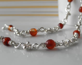 Agate Beads Bracelet with Sterling Silver Knot Links, Handmade Chain, Organic Rustic
