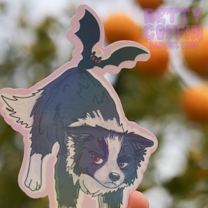 May include: A sticker featuring a black and white Border Collie with an angry expression, and a bat perched on its back. The sticker has a pink border and the text "BETTY COFFIN SADGIRL SHOP".