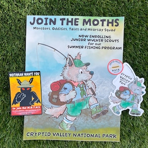 May include: A collection of Cryptid Valley National Park themed items. Includes a book titled "Join the Moths", a sticker, and a pin. The book features a cartoon wolf with a backpack. The pin reads "Mothman Wants You".