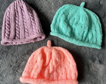 Hand knitted babies beanie hats