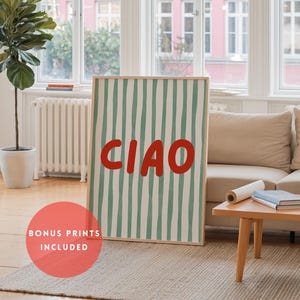 Ciao Striped Print Sage Green Wall Art Cute Preppy Poster Italian Saying Bella Vintage Retro Italy Travel Gallery Wall Digital Download