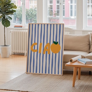 Ciao Striped Print Blue Orange Fruit Wall Art Cute Poster Italian Saying Bella Vintage Retro Italy Travel Gallery Wall Digital Download