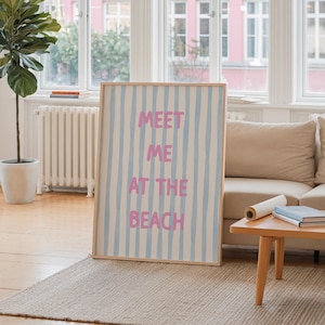 Spotkajmy się na plaży Zestaw pasiasty neutralny surfer apartament Coquette Room plakat pozytywny wydruk sztuka ścienna marynistyczny dom na plaży cyfrowe pobieranie