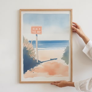 Impresión artística de playa de verano, decoración de casa de playa, póster de vaquera costera, obra de arte de acuarela de playa de California de moda, regalo para amantes del verano, impresión física