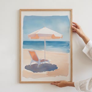 Impresión artística de verano con sombrilla de playa, decoración de casa de verano, póster de vaquera costera, boceto de acuarela de California de moda, regalo de surfista, impresión física