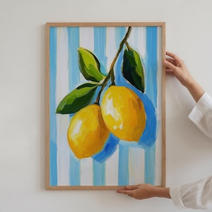 レモンストライプの絵画 夏のアートプリント キッチンポスター フルーツアートワーク 装飾 ボタニカルシトラス モダンウォールアート 額入り 物理プリント