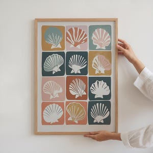 Muszla morska nadmorski boho nadruk dom na plaży wystrój letni Airbnb plakat z muszlą z połowy wieku sztuka ścienna tropikalny ocean sztuka cyfrowa do pobrania