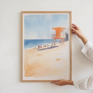 Impresión artística de verano de salvavidas, decoración de casa de verano, póster de vaquera costera, obra de arte de acuarela de playa de California de moda, regalo de surfista, impresión física