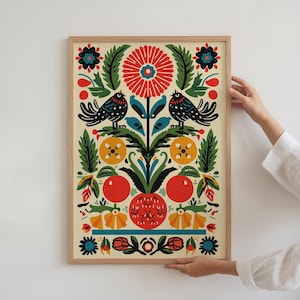 Stampa d'arte popolare scandinava vintage, poster di uccelli boho, opera d'arte botanica moderna cottagecore, stile scandinavo, stampa fisica geometrica incorniciata.