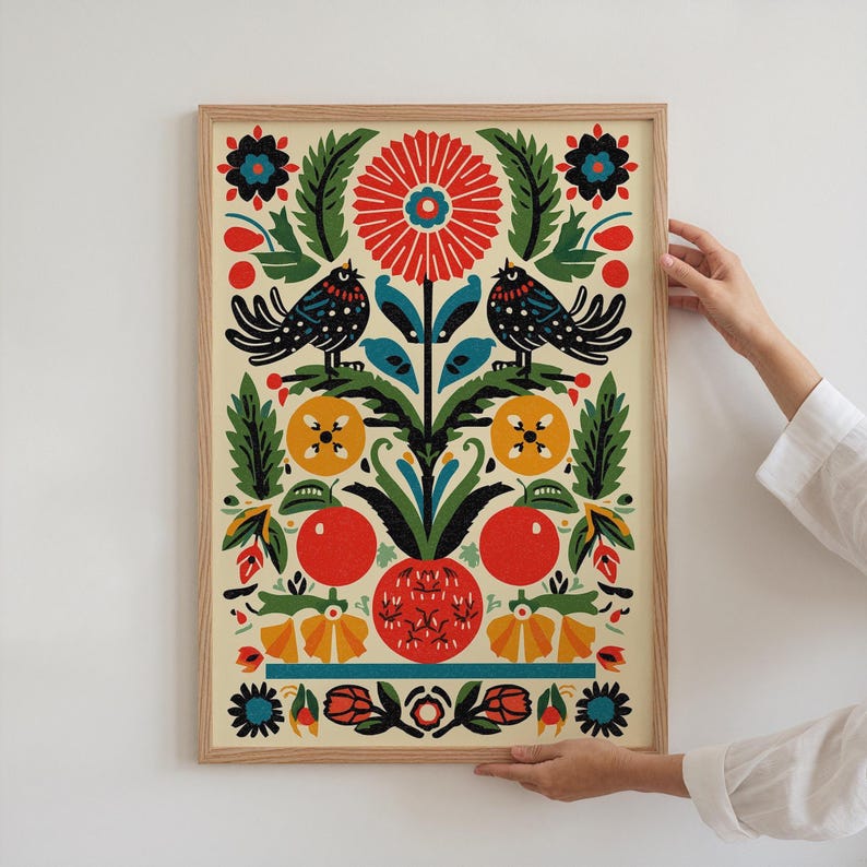 Vintage Scandinavian Folk Art Print Boho Bird Poster Modern Cottagecore Botanical Artwork Scandi Style Geometric Framed Physical Print