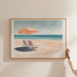 Impresión artística de paisaje de sombrilla de playa de verano, moderna casa de verano de acuarela de California, póster horizontal minimalista, obra de arte, impresión física