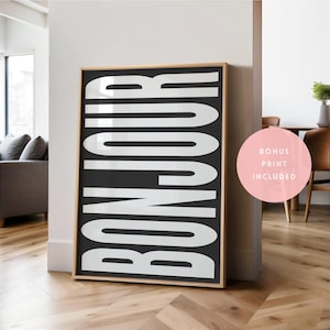 Poster tipografico Bonjour, decorazione per la casa francese, stampa Parigi Francia, stampa minimalista in bianco e nero, cartello di benvenuto, arte di saluto per la cucina, decorazione per bar