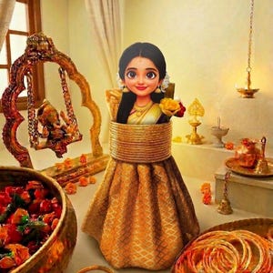 Könnte beinhalten: Cartoon-Darstellung einer Frau in traditioneller indischer Kleidung, mit einem goldenen und orangefarbenen Sari und Schmuck. Das Bild zeigt eine dekorative Schaukel, Blumenschalen und religiöse Gegenstände, die eine festliche und kulturelle Szene schaffen.