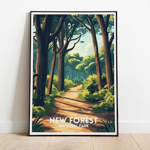 Impresión de viaje de New Forest: arte paisajístico escénico, parque nacional de New Forest, escena de bosque tranquilo, decoración de pared rústica, campo británico