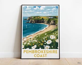 Impression de voyage sur la côte du Pembrokeshire - art du paysage côtier, décoration murale du pays de Galles, affiche pittoresque du Pembrokeshire, oeuvre d'art impression voyage au Royaume-Uni