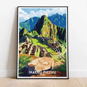 Impressão de viagem de Machu Picchu - Arte de ruínas incas, pôster vintage do Peru, decoração de parede de Machu Picchu, pôster de viagem da América do Sul, marco histórico