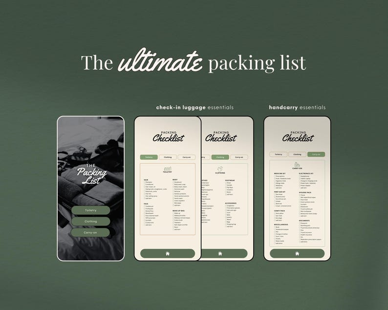 May include: A mobile phone app with a green background and the text "The ultimate packing list" at the top. The app has three sections: "The Packing List", "Check-in luggage essentials", and "Handcarry essentials". Each section has a checklist with items to pack.