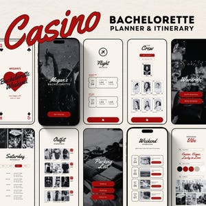 Plantilla Canva de itinerario de despedida de soltera en Las Vegas con estilo de aplicación. Planificador digital de itinerario de fin de semana de despedida de soltera en casino. Despedida de soltera con suerte en el amor.