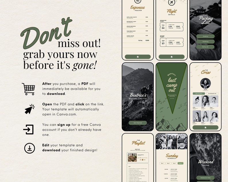 May include: A digital illustration of a phone screen showing a bachelorette party itinerary with a green and white color scheme. The itinerary includes a packing list, flight details, expenses tracker, a playlist, a Sunday schedule, and a weekend theme. The text on the screen says "Beatrice's Bachelorette" and "Last Camp Out".