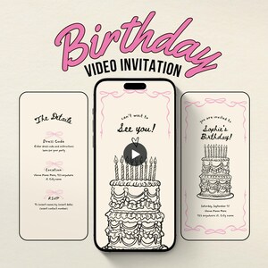 Puede incluir: Una invitación de video de cumpleaños digital con un diseño rosa y negro. La invitación incluye un teléfono inteligente con un gráfico de pastel y dos tarjetas con detalles. El texto dice "Invitación de Video de Cumpleaños".