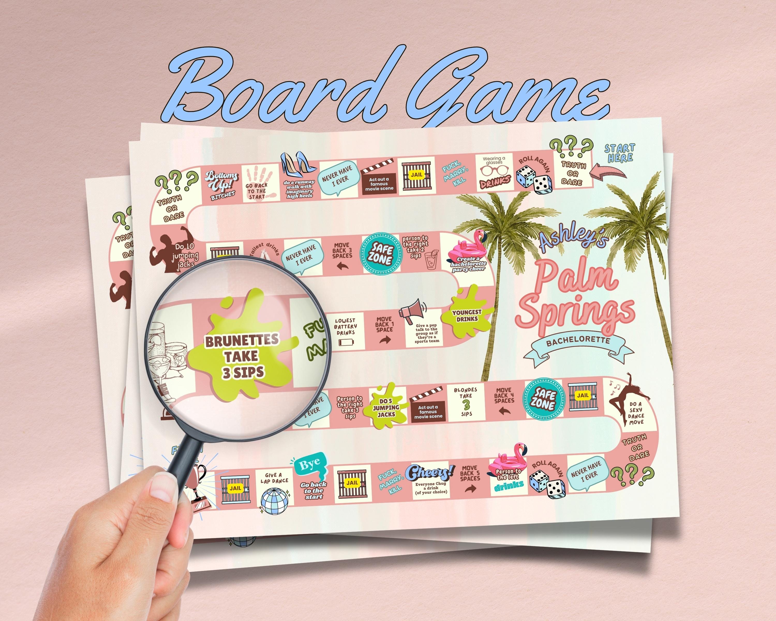 Palm Springs Bachelorette Board Game Pool Party Bridal Shower Party Drinking Games Summer Bachelorette Party Chic Pastel Retro Theme Party