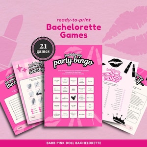 Printable Bachelorette Games Pretty in Pink Doll Theme Funny Bachelorette Drinking Games Instant Download Canva Bachelorette Games Questions