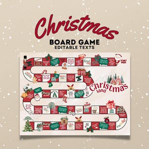 May include: A Christmas-themed board game with a red and green color scheme. The game board features a winding path with various illustrations and text, including "Christmas Land" and "Safe Zone." The words "Christmas" and "Board Game" are prominently displayed.