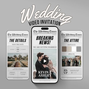 Wedding Newspaper Mobile Invitation Animated Save the Date Video Announcement Newspaper Wedding Program Canva Template Digital Invitation
