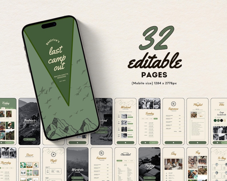 App-like Camp Bachelorette Itinerary Canva Template Lake Camp Bachelorette Weekend Itinerary Digital Planner Cabin Crew Hiking Bachelorette