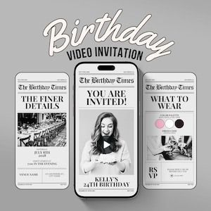 Peut inclure: Une invitation vidéo d'anniversaire numérique affichée sur trois smartphones. La conception imite une mise en page de journal, avec des titres tels que "Les détails les plus fins" et "Quoi porter". L'invitation comprend le texte "24e anniversaire de Kelly" et des informations RSVP.