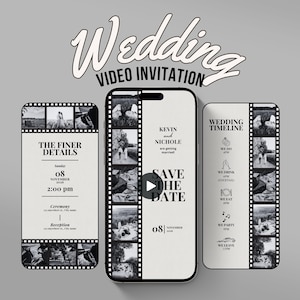 Canva Wedding Template Invitation Animated Save The Date Video Digital Black and White Wedding Invitation Movie Film Strip Video Invitation