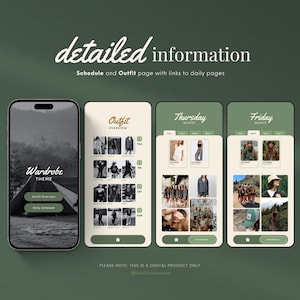 May include: A digital planner for wardrobe planning with a schedule and outfit overview. The planner has a dark background with white text and a light brown border. The planner includes a daily schedule and outfit pages with links to daily pages.