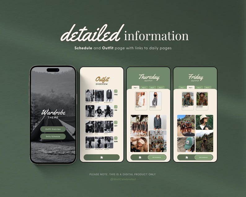 May include: A digital planner for wardrobe planning with a schedule and outfit overview. The planner has a dark background with white text and a light brown border. The planner includes a daily schedule and outfit pages with links to daily pages.