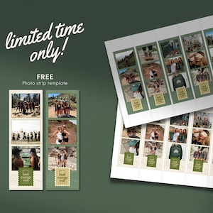 May include: A photo strip template with a green and white color scheme. The template features a photo strip with six images and the text "last camp out" in a green circle. The text "limited time only! FREE Photo strip template" is at the top of the image.