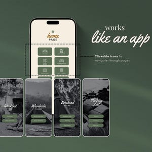 May include: A mobile phone screen displaying a home page with clickable icons for different sections, including "Weekend Trip", "Wardrobe Theme", and "Packing List". The text "works like an app" is displayed above the phone.