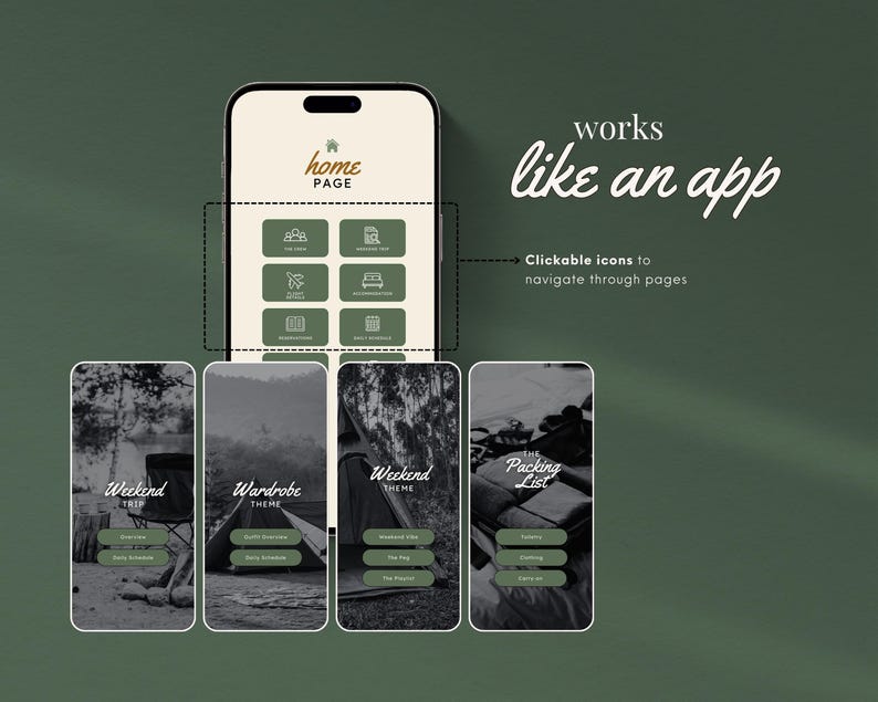 May include: A mobile phone screen displaying a home page with clickable icons for different sections, including "Weekend Trip", "Wardrobe Theme", and "Packing List". The text "works like an app" is displayed above the phone.