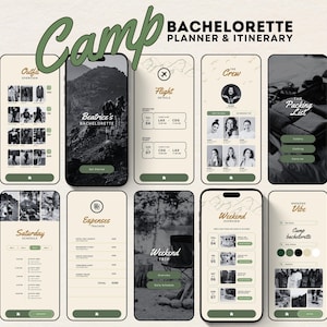 App-like Camp Bachelorette Itinerary Canva Template Lake Camp Bachelorette Weekend Itinerary Digital Planner Cabin Crew Hiking Bachelorette image 1