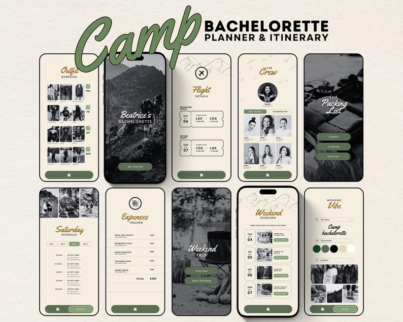 App-like Camp Bachelorette Itinerary Canva Template Lake Camp Bachelorette Weekend Itinerary Digital Planner Cabin Crew Hiking Bachelorette image 1