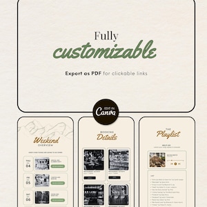 May include: A digital template for a weekend getaway itinerary. The template includes sections for a weekend overview, booking details, and a playlist. The template is fully customizable and can be exported as a PDF with clickable links.