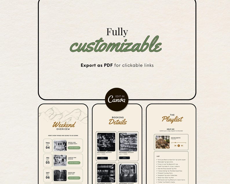 May include: A digital template for a weekend getaway itinerary. The template includes sections for a weekend overview, booking details, and a playlist. The template is fully customizable and can be exported as a PDF with clickable links.