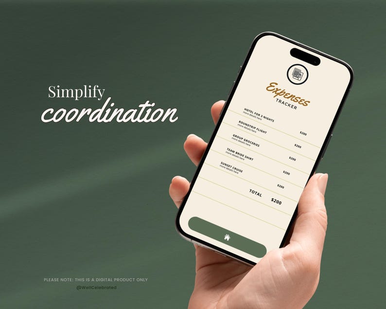 May include: A smartphone displaying a mobile app for tracking expenses. The app lists various expenses, including hotel, roundtrip flight, group groceries, team bride shirt, and sunset cruise, with a total of $200.