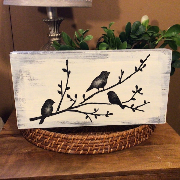 Rustic Birds on Branch Art: Hand-Painted Birch Wood Sign