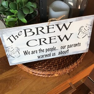 Funny Beer Sign: The Brew Crew Hand-Painted Wood Bar Decor (12x6 inches)